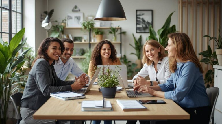 Contentmakers en marketeers werken samen aan blogs in een moderne werkomgeving met planten en blauwe accenten.