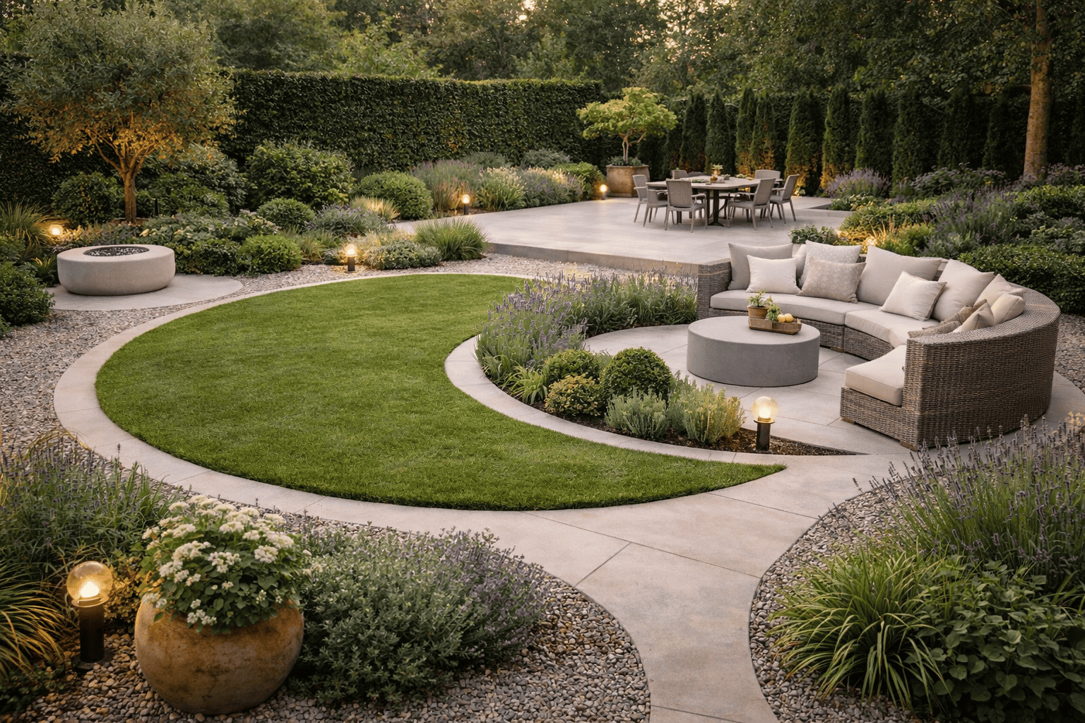 Strakke tuin met ronde vormen