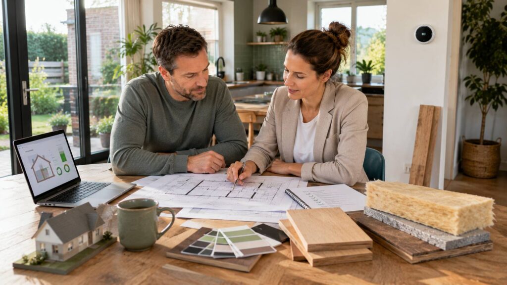 Woningeigenaar plant een duurzame verbouwing met tekeningen, checklist en materiaalstalen