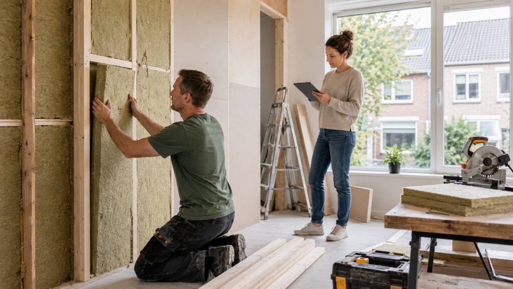 Aannemer werkt aan isolatie tijdens een duurzame renovatie van een Nederlandse woning